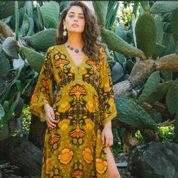 NINE LIVES BAZAAR EMPIRE DRESS COYOTE boho floral print Maxi Dress NWT XXL - Picture 1 of 15